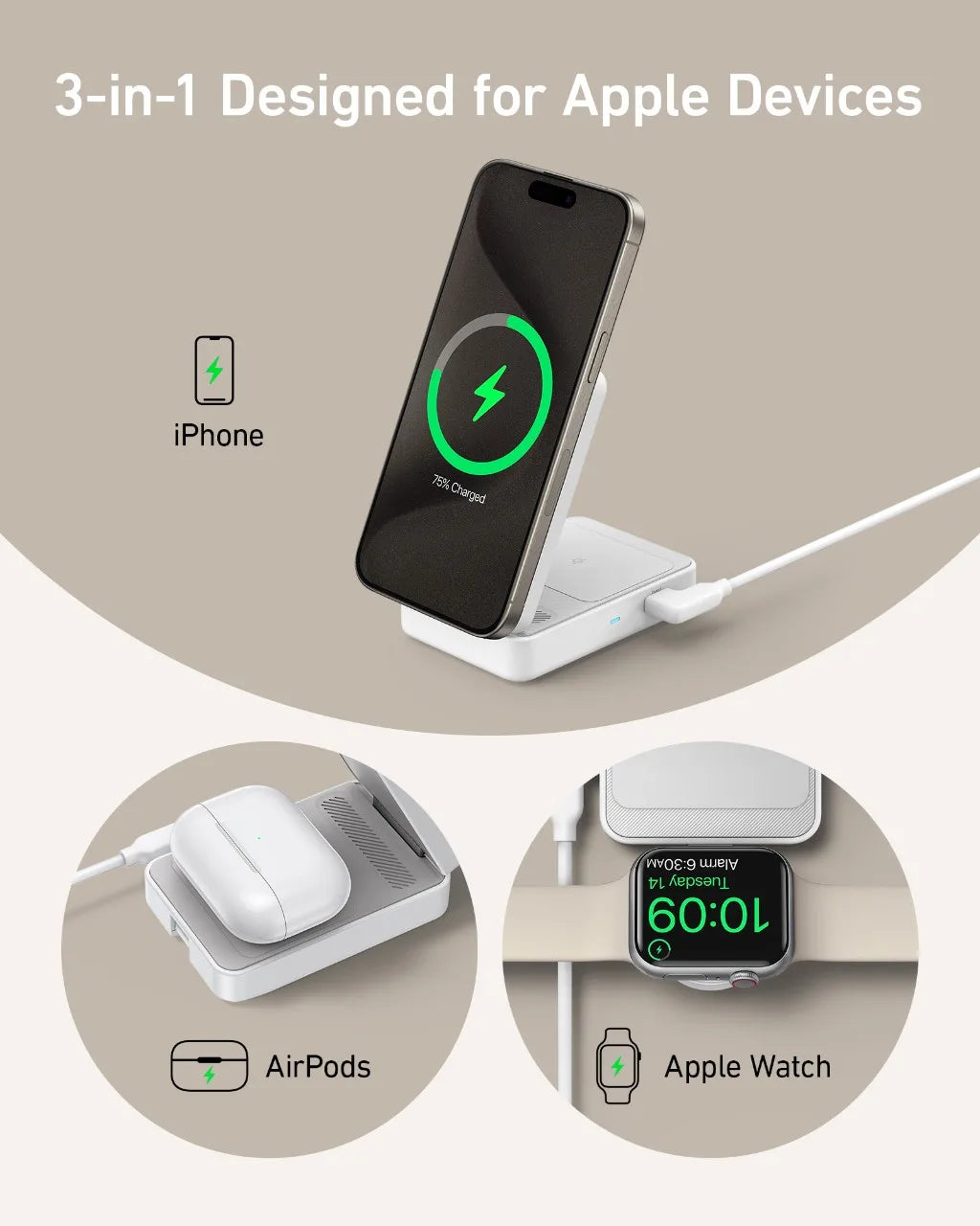 Anker-Station de charge 3 en 1 MagGo, support de chargeur sans fil compatible MagSafe 15W, chargeur Apple Watch, Qi2 ignorent