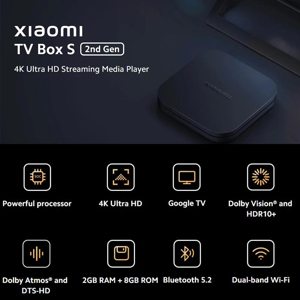 Xiaomi-Boîtier Smart TV Mi S 2nd , Android, 4K Ultra HD, Google TV, Dolby Vision, HDR10 +, Assistant Google, BT Stimule