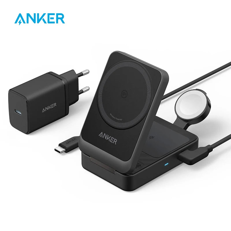 Anker-Station de charge 3 en 1 MagGo, support de chargeur sans fil compatible MagSafe 15W, chargeur Apple Watch, Qi2 ignorent